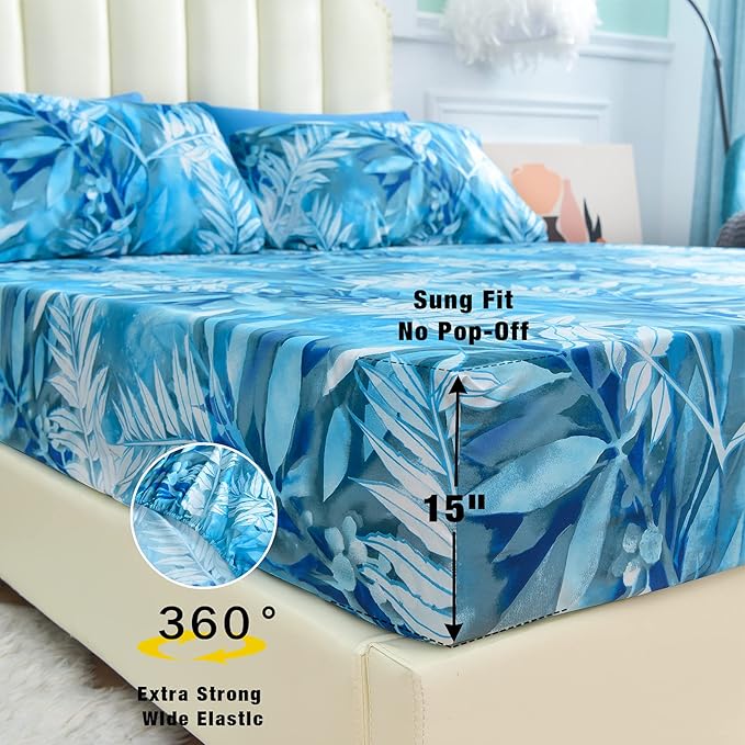 JSD Teal Blue Tropical Leaves Sheet Set Twin Size, 3 Piece Printed Microfiber Sheets Extra Deep Pocket Wrinkle Free