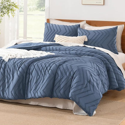 Litanika Comforter Oversized King Size Set Ocean Blue, 3 Pieces Chevron Tufted Solid Bedding Comforter Sets, Fluffy Bed Set