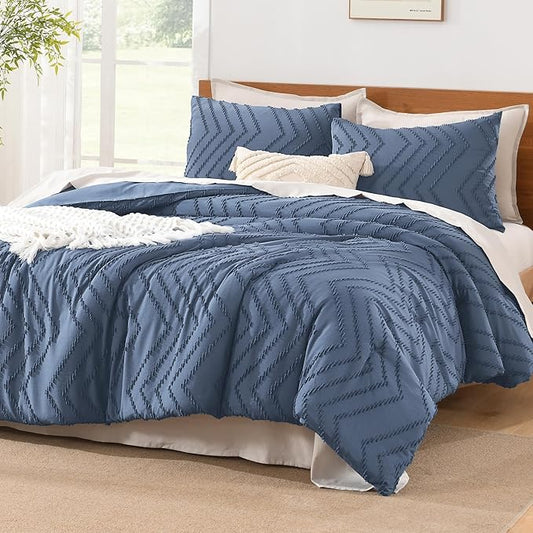 Litanika Comforter Oversized King Size Set Ocean Blue, 3 Pieces Chevron Tufted Solid Bedding Comforter Sets, Fluffy Bed Set