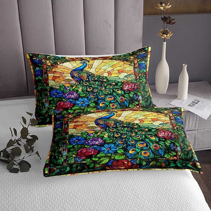 Peacock Kids Bedspread Twin Size,Rose Flowers Feather Wild Animals Rustic Coverlet Set,Boys Girls Room Decor,Geometric Grids Abstract Quilted Coverlet,Green Retro Chic Bedding Quilt,1 Pillowcase