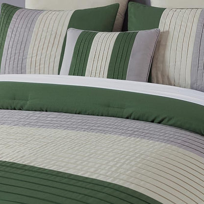 Chezmoi Collection Loft 8-Piece Full Comforter Set, Forest Green/Gray/Cream Luxury Striped Bedding for All Season