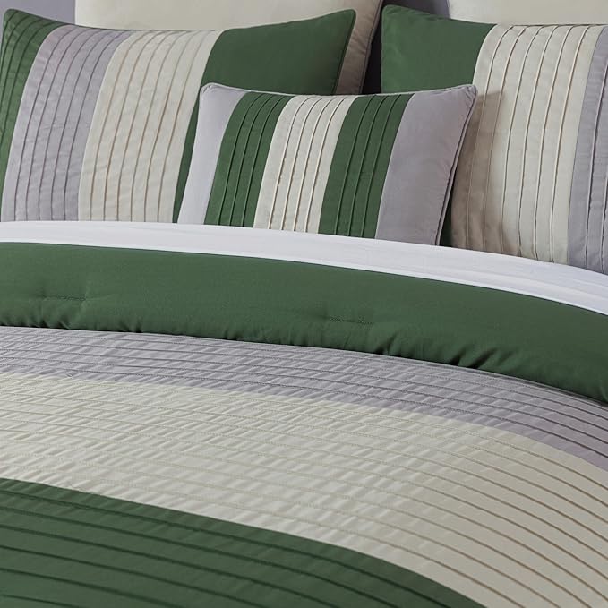 Chezmoi Collection Loft 8-Piece California King Comforter Set, Forest Green/Gray/Cream Luxury Striped Bedding for All Season