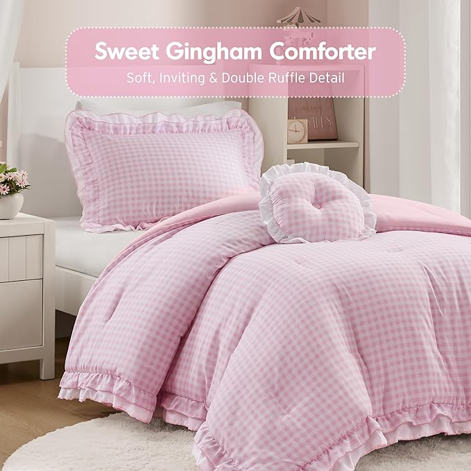 Intelligent Design Rowena Twin Comforter Set – Blush Pink Gingham Ruffled Bedding, Vintage Farmhouse Style, Reversible All Season 3-Piece Bedding Set, Twin/Twin XL, Gift for Her