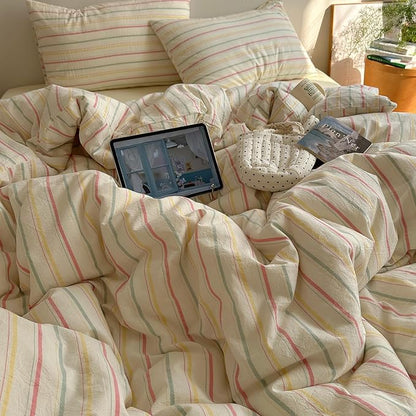 EAVD Vintage Colorful Striped Comforter Set Twin XL Soft Cotton 3-Piece Retro Vertical Striped Bedding Set with 2 Pillowcases Boho Geometric Comforter Set for All-Season(Pink&Yellow&Blue, Twin XL)