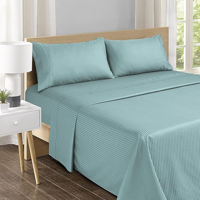 Feather & Stitch 500 TC Queen Size Bed Sheet Set, 100% Cotton Soft Breathable Bedsheets 4 Piece 18" Deep Pockets Sateen Weave Striped Bedding Mattress Resort Hotel Luxury - (Granite Green Stripe)