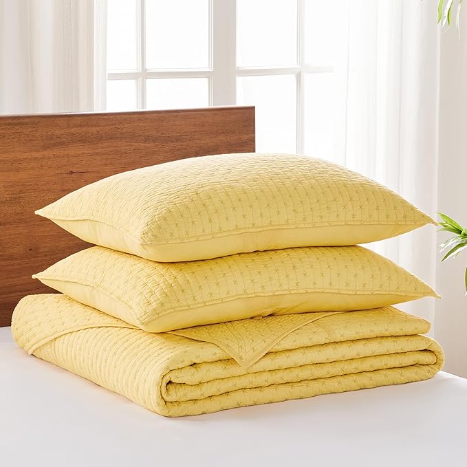 Levtex Home Cross Stitch Reversible Full Bedspread Set (100x104in) with 2 Pillow Shams (26x20in) - Stitch Texture - Yellow - Cotton Full Size Bedspread Set - Lightweight, Soft, Pre-Washed