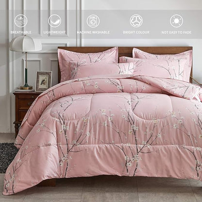 AIKASY Bed in a Bag 7 Pieces Queen Size - Floral Print - Soft Microfiber, Reversible Bed Comforter Set (1 Comforter, 2 Pillow Shams, 1 Flat Sheet, 1 Fitted Sheet, 2 Pillowcases)（Pink）