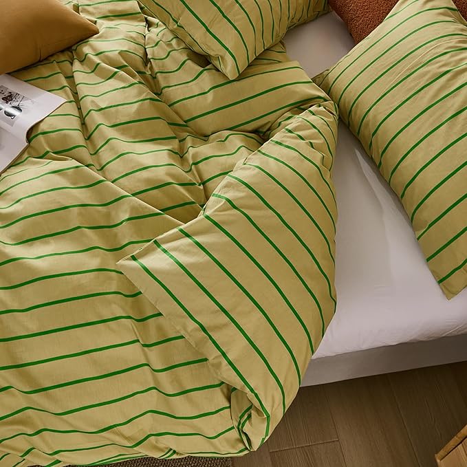 Merryword Striped Duvet Cover Set King Size - 100% Cotton Duvet Cover Set, Khaki & Green Stripes Pattern Comforter Cover 3 Pieces, Soft Linen Like Bedding Set for All Seasons