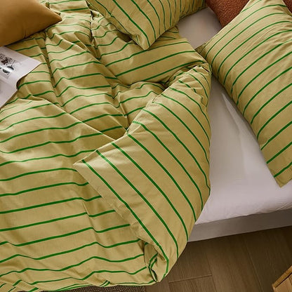 Merryword Striped Duvet Cover Set King Size - 100% Cotton Duvet Cover Set, Khaki & Green Stripes Pattern Comforter Cover 3 Pieces, Soft Linen Like Bedding Set for All Seasons