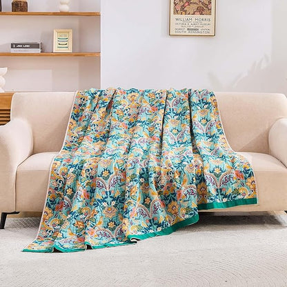 Boho Blanket Throw Quilt, 100% Cotton Soft Light Weight Throw Blankets for Summer, 90"x98" Farmhouse Flower Decorative Blankets, All Season Rustic Reversible Bohemian Throw Quilt