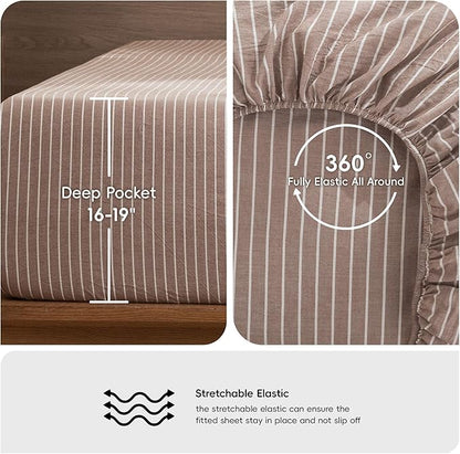 MooMee Striped Sheet Set 100% Washed Cotton Linen Like Textured Breathable Durable Soft Comfy (Dark Orange White Wide Stripes, Queen)