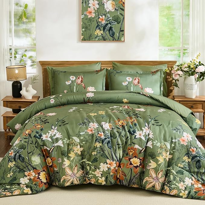 WONGS BEDDING Green Floral Comforter Set King, 7 Piece Bed in a Bag Bedding Set with Botanical Flowers Patterns, Soft Lightweight Complete Comforters with Sheets for All Season