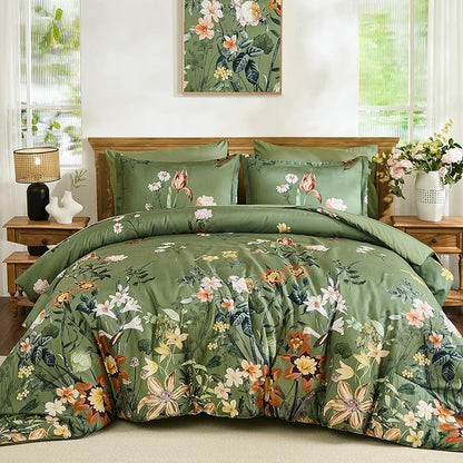 WONGS BEDDING Green Floral Comforter Set Queen, 7 Piece Bed in a Bag Bedding Set with Botanical Flowers Patterns, Soft Lightweight Complete Comforters with Sheets for All Season