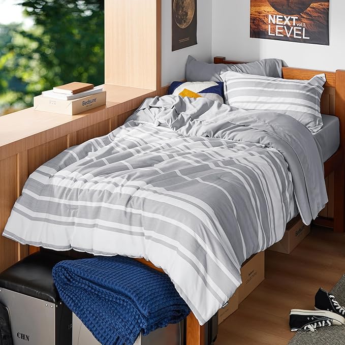 Bedsure Twin Comforter Set 5 Pieces, Grey Striped Bedding Set for All Seasons, Reversible, Cationic Dyeing Bed in a Bag with Comforter, Sheets, Pillowcase & Sham