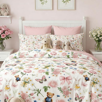 Pink Bow Comforter Set Twin for Girls, 2Pcs Butterfly Bedding for Kids Kawaii Bedroom Decor, Cute Priness Girly Rabbit Bear Comforter Set with 1 Pillowcase, 68"x86"