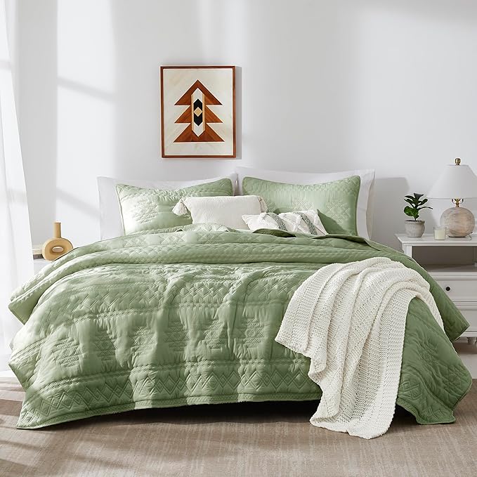 WDCOZY Boho Sage Green Quilts Queen Size Bedding Sets with 2 Pillow Shams, Farmhouse Lightweight Soft Bedspread Coverlet for All Season, 3 Pieces, 90x90 inches