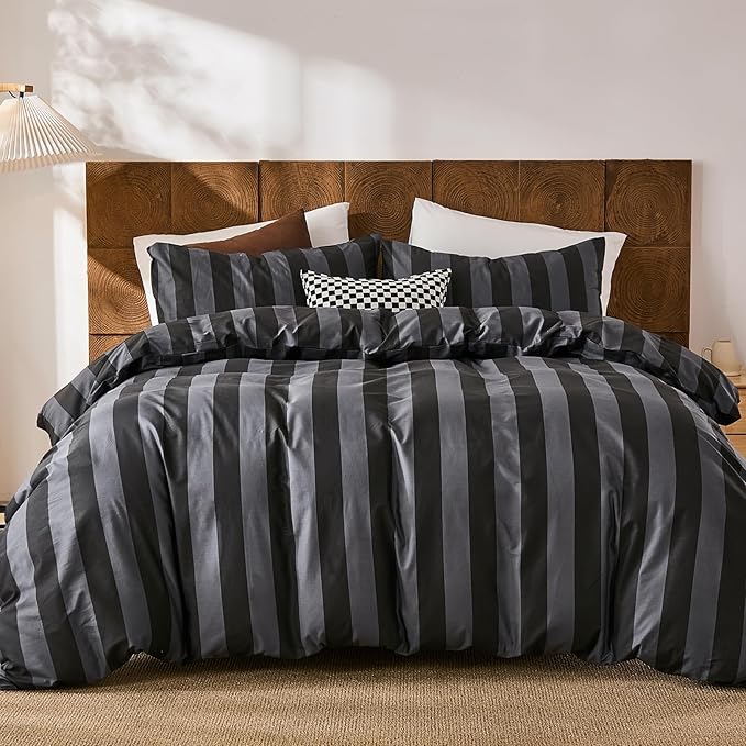Merryword Black and Gray Striped Duvet Cover Set King Size - 100% Cotton Bedding Set with Zipper & Corner Ties, 3-Piece Luxury Linen Like Bedding Set for All Seasons