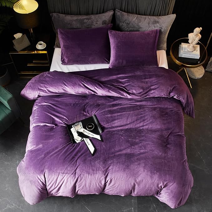 Ivellow Velvet Flannel Duvet Cover Set King Size Purple Duvet Ultra Soft Breathable Cozy Velour Luxury Bedding Set Zipper Closure Corner Ties