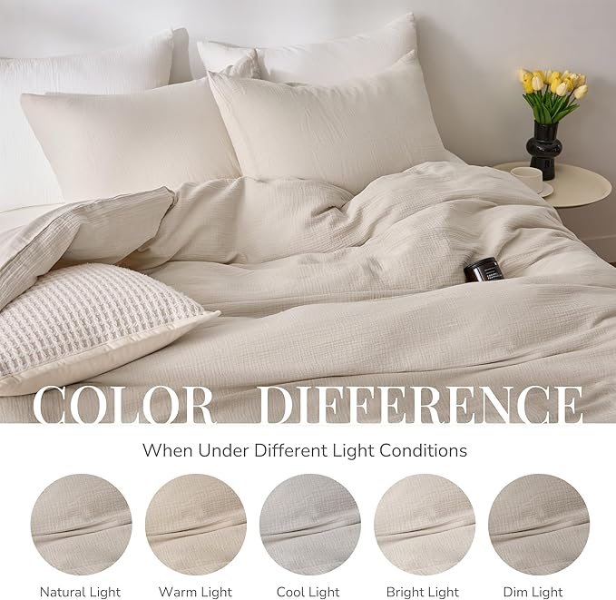 Cream Gray Duvet Cover Queen Size, 100% Sandwashed Cotton Soft Queen Duvet Cover Set 3 Pieces with Zipper Clousre & Corner Buttons (Cream Gray, Queen 90 x 90)