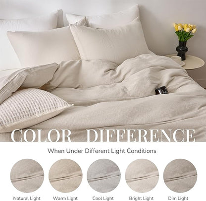Cream Gray Duvet Cover Queen Size, 100% Sandwashed Cotton Soft Queen Duvet Cover Set 3 Pieces with Zipper Clousre & Corner Buttons (Cream Gray, Queen 90 x 90)
