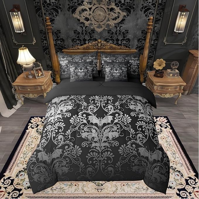 Erosebridal Gothic Damask Bed in a Bag King Size Comforter Set 7 Pieces,Halloween Bat Bedding Sets White Black Victorian Floral Goth Sheet Set with Comforter