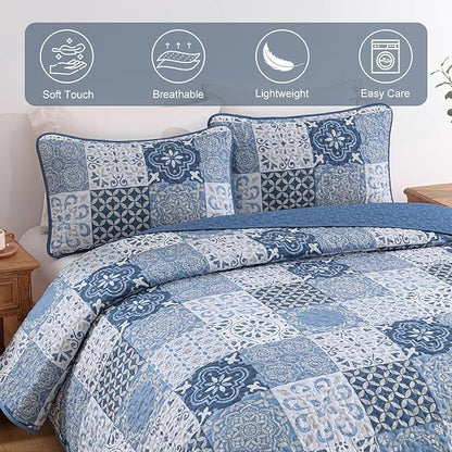 Dobuyly Blue Quilt Set Queen Size, Boho Mineral Blue Plaid Patchwork Bedspreads Coverlet Set, 3 Pieces Soft Lightweight Microfiber Quilt Bedding Set for All Seasons 96"x90"
