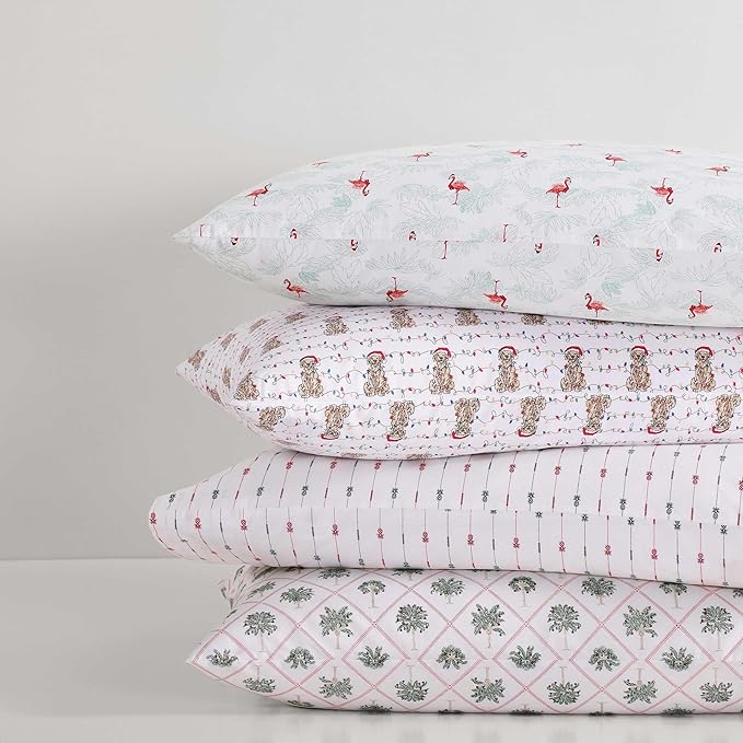 Tommy Bahama - King Size Sheet Set, Crisp & Cool Cotton Percale Bedding with a Smooth Lightweight Feel, 4 Piece Holiday Bed Sheets with Matching Pillowcases (Flamingo Santa Red)