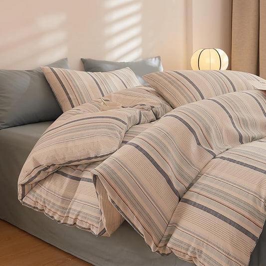 Striped Duvet Cover Set Twin, 3 Pieces Blue White Stripes Pattern Printed Comforter Cover, 100% Washed Cotton Striped Bedding Set, Soft Breathable Twin Duvet Cover with Zipper Closure & Corner Ties