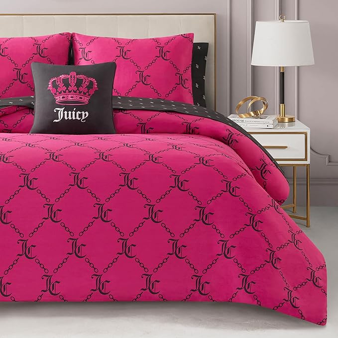 Juicy Couture Hot Pink/Black Link Logo Printed Comforter Set, Full – Complete 8-Piece Bed in a Bag Collection
