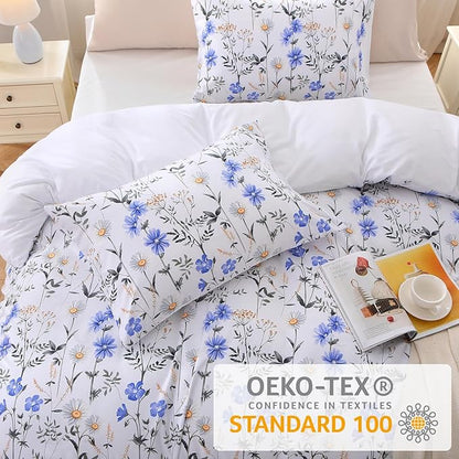 Duvet Cover King Size, Reversible Floral Vintage Duvet Cover Set with Zipper Closure, 3 Pieces Botanical Patterns Soft Microfiber Bedding Set (90"x104", 2 Pillow Cases 20"×36", Purple Blue Daisy)