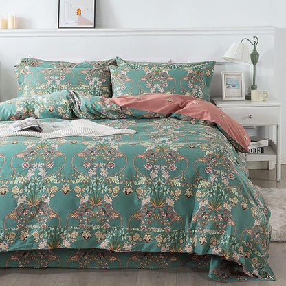 FADFAY Floral Duvet Cover Queen Button Closure 100% Cotton 600 TC Teal Turquoise Blue Luxury Boho Bedding Chic Reversible Orange Comforter Cover Super Soft Shabby Vintage Flower Print 3 Pcs