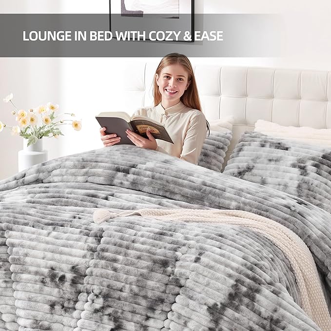 Smoofy Fluffy Full Size Comforter Sets 3 Pieces - Tie-dye Grey Fleece Fluffy Comforter Set, Luxury Fuzzy Full Bed Set, Soft Comforter Full Size All Season, Heavy Faux Fur Comforter with 2 Pillow Cases