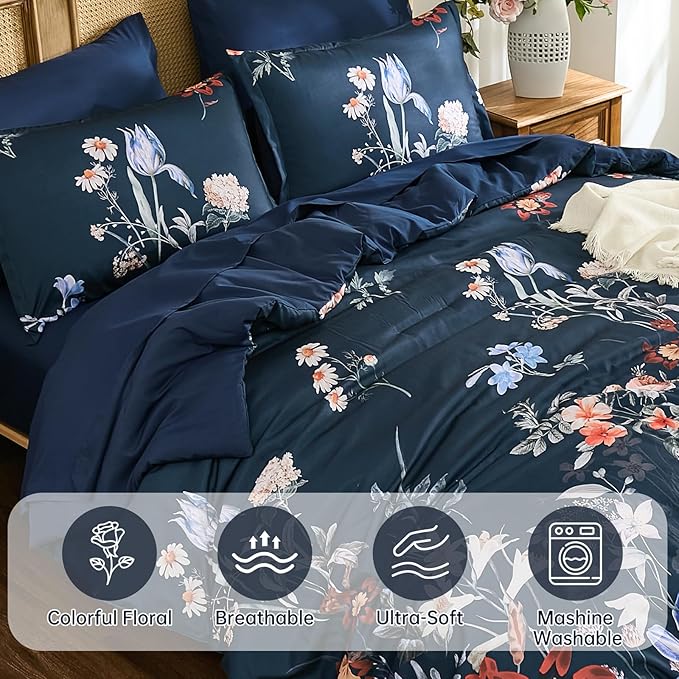 WONGS BEDDING King Comforter Set 7 Piece, Navy Blue Floral Bed in a Bag Bedding Set with Botanical Flowers Patterns, Soft Lightweight Complete Comforters with Sheets for All Season