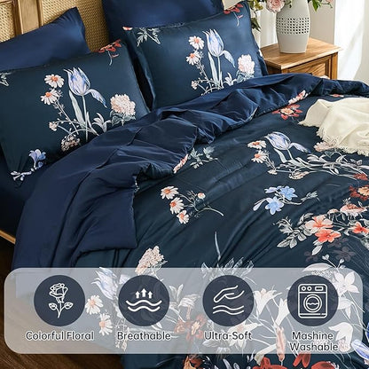 WONGS BEDDING King Comforter Set 7 Piece, Navy Blue Floral Bed in a Bag Bedding Set with Botanical Flowers Patterns, Soft Lightweight Complete Comforters with Sheets for All Season