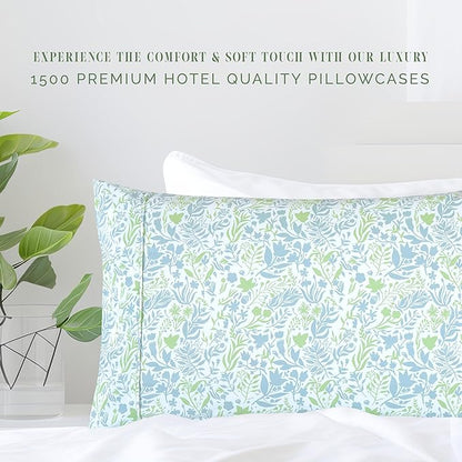 Elegant Comfort Ultra Soft Set of 2 Floral Print Pillowcases - 1500 Premium Hotel Quality Microfiber, Soft and Smooth Envelope Closure 2-Piece Pillow Covers - King, Green Anita