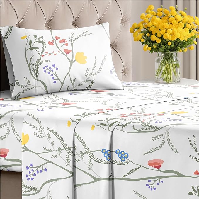 Floral Sheets - Boho Twin XL Bed Sheet Set - 1 Flat, 1 Fitted & 1 Pillowcase w/ Deep Pockets - Comfy, Wrinkle & Fade Free Boho Botanical Bedding - Ultra-Soft, Breathable & Cooling - Twin XL Size Set