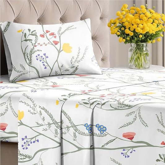 Floral Sheets - Boho Twin XL Bed Sheet Set - 1 Flat, 1 Fitted & 1 Pillowcase w/ Deep Pockets - Comfy, Wrinkle & Fade Free Boho Botanical Bedding - Ultra-Soft, Breathable & Cooling - Twin XL Size Set