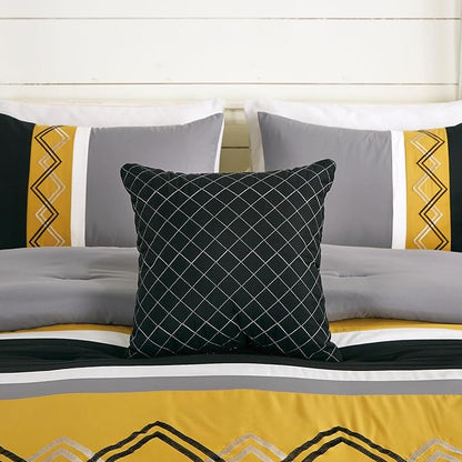 Chezmoi Collection Arden 7-Piece Modern Pleated Stripe Embroidered Zigzag Bedding Comforter Set (King, Turmeric/Black/Silver Gray/White)