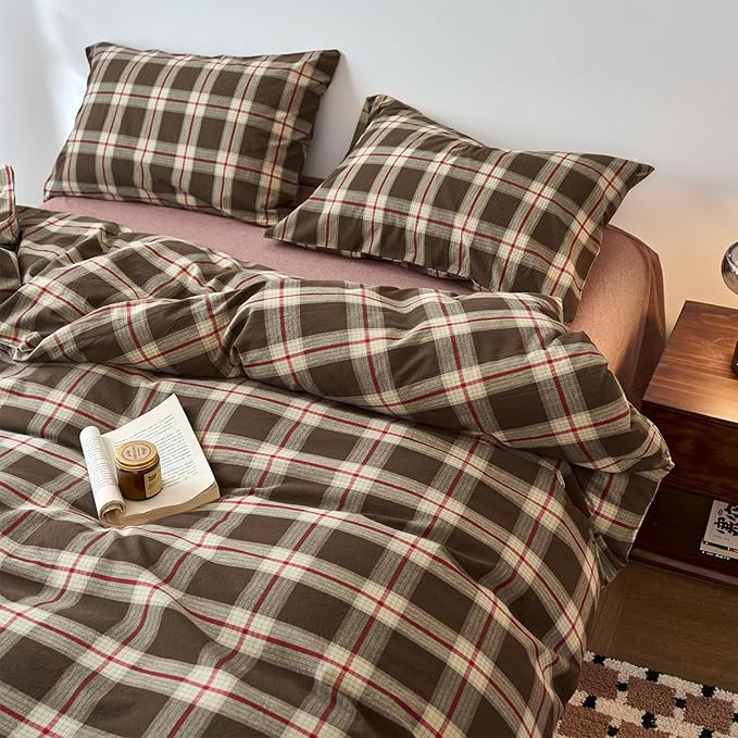 EAVD Vintage Brown Buffalo Plaid Comforter Set King Soft 100% Washed Cotton Brown&Red&Green Grid Checkered Bedding Set with 2 Pillowcases Retro Gingham Comforter Set for All-Season