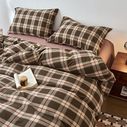 EAVD Vintage Brown Buffalo Plaid Comforter Set King Soft 100% Washed Cotton Brown&Red&Green Grid Checkered Bedding Set with 2 Pillowcases Retro Gingham Comforter Set for All-Season