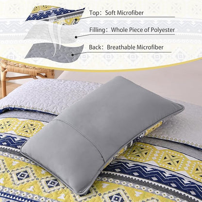WONGS BEDDING 3 Pieces Quilt Set Queen Size, Grey Yellow Quilt Bedspread Lightweight Bohemian Coverlet Set with 2 Pillowcase, Soft Geometry Printed Bedding Set Queen for All Season 96"×90"