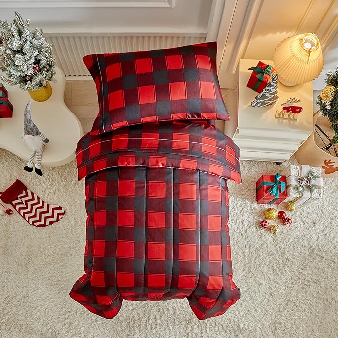 Christmas Toddler Bedding Set for Boys Girls Red Black Plaid Gingham Holiday 4PC Toddler Bed Set - Cute Toddler White Bed in a Bag for New Year