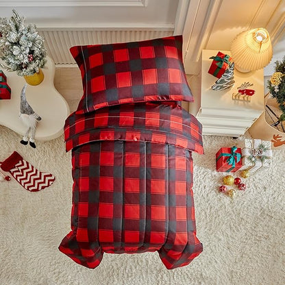 Christmas Toddler Bedding Set for Boys Girls Red Black Plaid Gingham Holiday 4PC Toddler Bed Set - Cute Toddler White Bed in a Bag for New Year