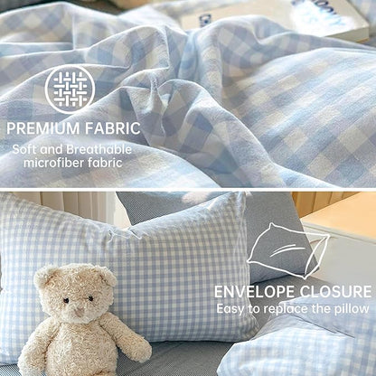 BOLINLIVING Gingham Queen Comforter Set 3 Pieces, Soft Breathable Bed in a Bag Queen Size, Light Blue White Checkered Plaid Bedding Set for All Season, 1 Comforter & 2 Pillowcases