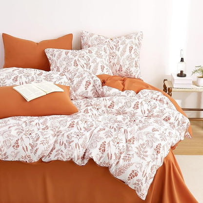 Wake In Cloud - Floral Duvet Cover Set, Botanical Vintage Flower Coquette Cottagecore Aesthetic for Women Teen Girls, Soft Lightweight Bedding, 3-Piece, Terracotta, Twin/Twin XL Size