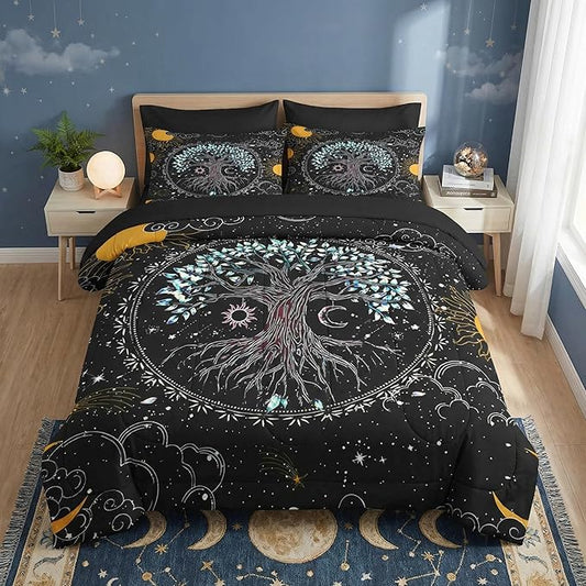 Comforter Set King Size, Trippy Hippie Tree of Life 7 Pcs Bedding for Kids and Adults, Sun and Moon Bohemian Bed Sheet Sets with Fitted Sheet 2 Pillowcase & 2 Sham for Bedroom Bed Decor