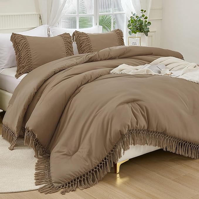 Andency Taupe Comforter Set King, 3 Pieces Boho Tassel Lightweight Soft Bedding Comforter Sets for King Bed, All Season Fluffy Fringe Bed Set (104x90In Comforter & 2 Pillowcases)