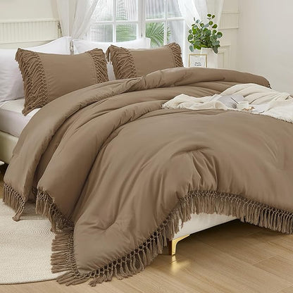Andency Taupe Full Size Comforter Set, 3 Pieces Boho Tassel Lightweight Soft Bedding Comforter Sets, All Season Fluffy Fringe Bed Set (79x90In Comforter & 2 Pillowcases)