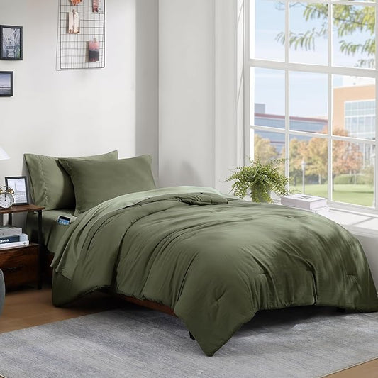 WRENSONGE Twin/Twin XL Comforter Set - 2 Pieces Olive Green Comforter Prewashed Soft Lightweight for All Seasons,Fluffy Down Alternative Twin XL Comforter with 1 Pillow Sham