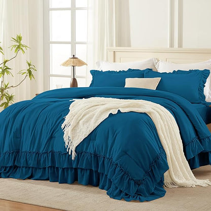 Andency Teal Full Size Comforter Set (79x90Inch), 3 Pieces Fluffy Farmhouse Shabby Chic Ruffle Bedding Sets, All Season Soft Lightweight Bed Set